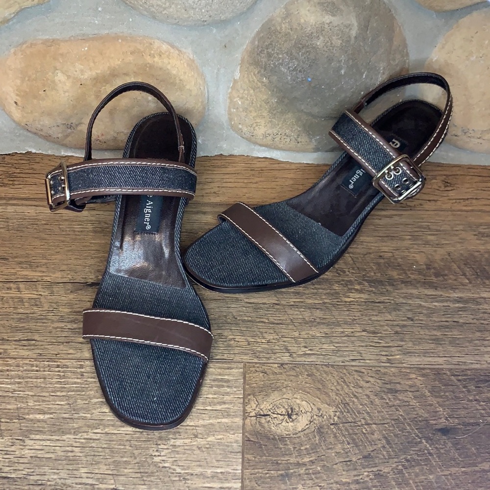 Etienne Aigner denim and leather heeled sandal